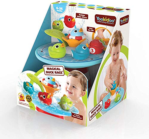 Yookidoo Juguete de baño para bebé con pato de carrera, fuente de agua y cuatro patos mágicos de carreras, para el desarrollo sensorial del baño, tiempo de baño, diversión de 6 meses y más