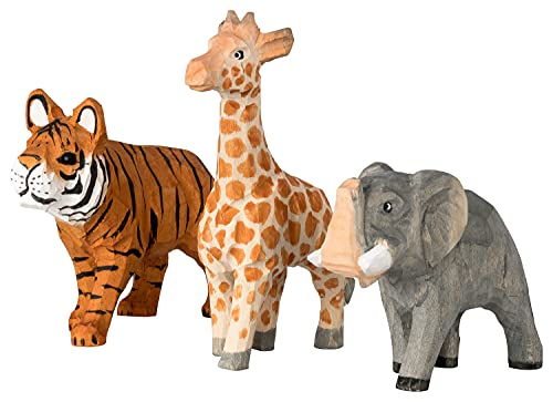 your castle Animales de Madera talladas a Mano - Juego & decoración África Salvaje Juego de 3 Figuras de Animales Elefante, Tigre y Jirafa, Aprox. 13 x 10 4 cm