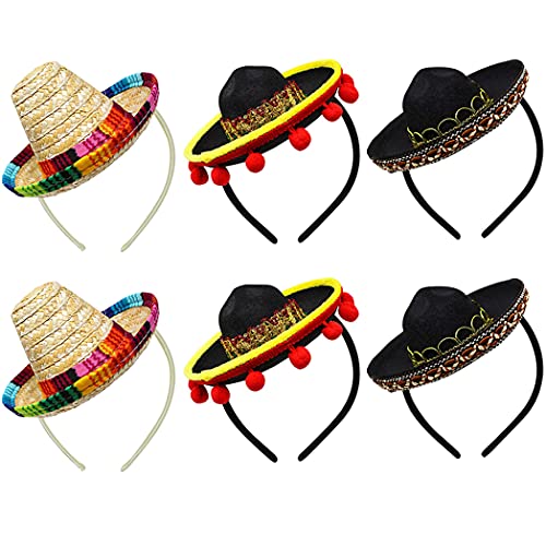 Yzpacc Juego de 6 sombreros de paja Cinco De Mayo para fiestas de tela con flecos de bola para decoración de fiestas, día de muertos, decoración de temática mexicana y recuerdos de fiesta