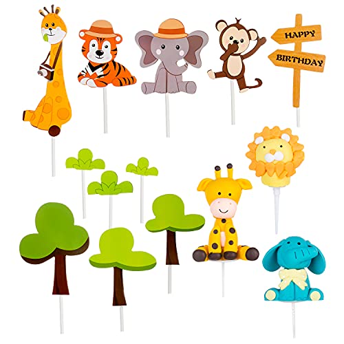 14 piezas de animales del bosque decoración de la torta de la selva zoo lion cupcake topper jungle cake topper plug palillo de dientes para bebés niños niño decoración de la fiesta de cumpleaños