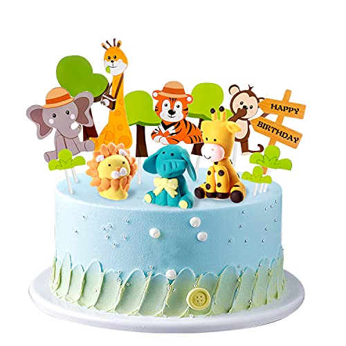 14 piezas de animales del bosque decoración de la torta de la selva zoo lion cupcake topper jungle cake topper plug palillo de dientes para bebés niños niño decoración de la fiesta de cumpleaños