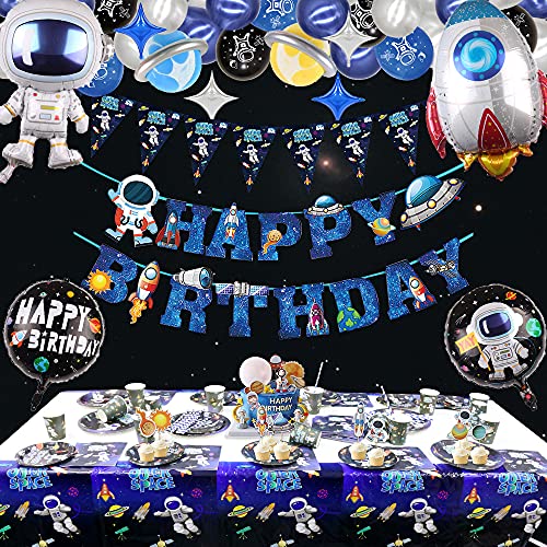 160 piezas de suministros para fiestas en el espacio exterior, sistema solar, suministros globos, pancarta de cumpleaños de astronauta, decoraciones de fiestas para niños y niños, para 20 invitados