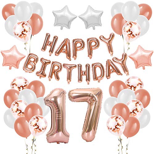17ª decoración de la fiesta de cumpleaños número 17 cumpleaños globos feliz cumpleaños banner rosa oro látex confeti globo 17 años de edad cumpleaños decoración suministros for niñas mujeres liujiapen