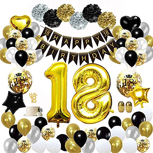 18 Años Decoracion Cumpleaños Oro Negro, Decoracion Fiesta 18 Cumpleaños, Globos 18 Cumpleaños, Pompones de Papel para 18 cumpleaños Hombres Mujeres Adultos feliz Decoración Reutilizable