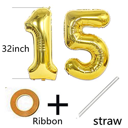 2 globos con el número 15 dorado + guirnalda de cumpleaños + guirnalda de cumpleaños dorada + guirnalda de cumpleaños dorada para 15 años