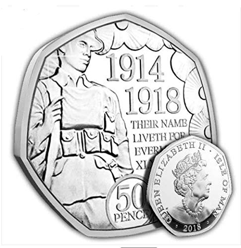2018 ISLE OF MAN 50p Pence Día del Armisticio Segunda Guerra Mundial de la Primera Guerra Mundial de la Amapola Moneda en una bolsa