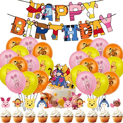 36Pcs Fiesta Cumpleaños Winnie - simyron Winnie The Pooh Decoración, Incluye Winnie The Pooh Globos Banner Cake Topper Suministros Fiesta para Niños