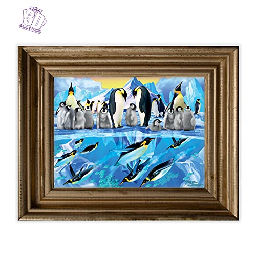 3D LiveLife Lenticular Cuadros Decoración - Pingüinos al agua de Deluxebase. Poster 3D sin marco de invierno. Obra de arte original con licencia del reconocido artista, Michael Searle