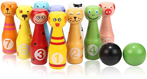 Afunti Juego de Bolos de Madera con 12 Bolos de Colores y Animales- Bolos de Juguete con números para aprende a Contar y Aprender los Colores y los Animales - Juegos Deportivos para niños