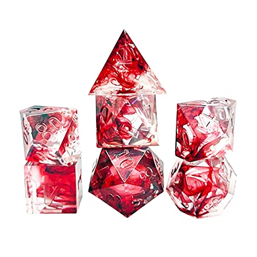 Amagogo Paquete de 7 Dados Poliédricos Crystal RPG Juego de rol Dados Efecto de Sangre Seda Flotante Roja para Juego de rol - Números Transparentes