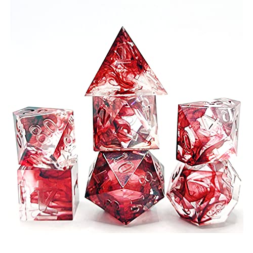 Amagogo Paquete de 7 Dados Poliédricos Crystal RPG Juego de rol Dados Efecto de Sangre Seda Flotante Roja para Juego de rol - Números Transparentes
