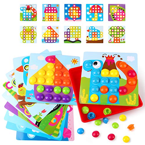 AMOSTING Mosaicos Infantiles, Juguetes Montessori de Colores Mosaico Niños Juegos Educativos para Niños, Juego Preescolar a Partir de 3 4 5 Años, 10 Cartas y 46 Botones