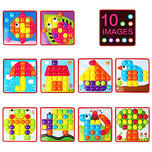 AMOSTING Mosaicos Infantiles, Juguetes Montessori de Colores Mosaico Niños Juegos Educativos para Niños, Juego Preescolar a Partir de 3 4 5 Años, 10 Cartas y 46 Botones