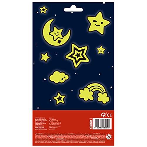 APLI Kids 18559-Pegatinas con Acabado luminiscente Modelo Lunas y Estrellas, Brillan en la Oscuridad. Incluye 1 Hoja con 26 Pegatinas de Adhesivo Permanente (18559)