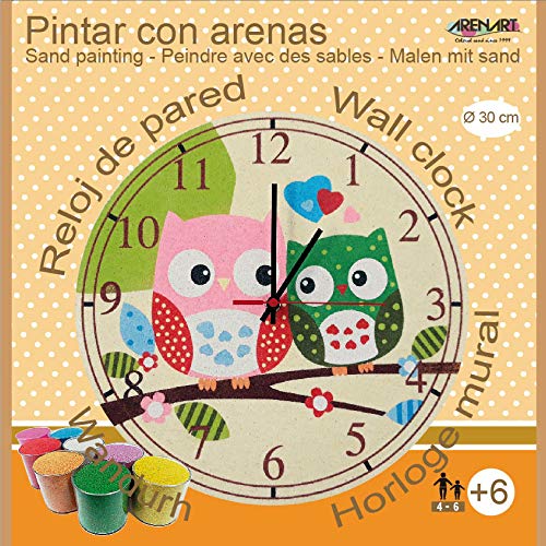 Arenart | Lámina Reloj Búhos Ø30 cm | para Pintar con Arenas de Colores | Manualidades para Niños | Dibujo Infantil | +6 años