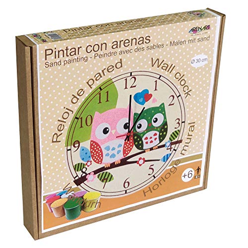 Arenart | Lámina Reloj Búhos Ø30 cm | para Pintar con Arenas de Colores | Manualidades para Niños | Dibujo Infantil | +6 años