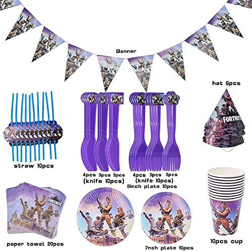 Babioms Game Party Supplies, Diseño de vajilla para fiestas incluye pancartas, platos, tazas, servilletas, gorro, cuchara, tenedores y cuchillos Suministros para fiestas de videojuegos(88pcs)