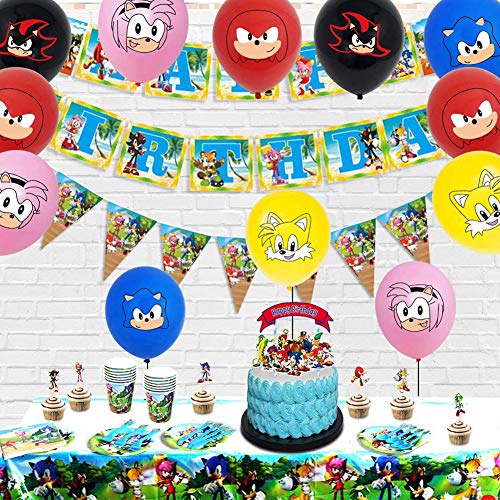 BAIBEI sonic sombrero de fiesta de cumpleaños Sonic globo Sonic banner de cumpleaños música pastel sombrero de copa, bolsa de regalo de fiesta temática Sonic (48 piezas)