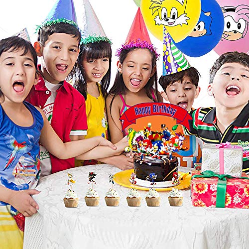 BAIBEI sonic sombrero de fiesta de cumpleaños Sonic globo Sonic banner de cumpleaños música pastel sombrero de copa, bolsa de regalo de fiesta temática Sonic (48 piezas)