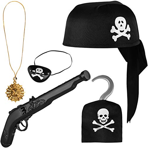 Balinco Set de Pirata de 5 Piezas para niños Compuesto por Sombrero de Pirata Negro + Pistola + Parche para el Ojo + Cadena Dorada con Colgante + Gancho de Pirata - Set de Disfraz para Carnaval