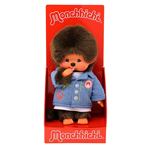 Bandai - Monchhichi - Peluche de Monchhichi - Chaqueta Vaquera icónica de los años 80 - Peluche Suave 20 cm para niños y Adultos - SE23396