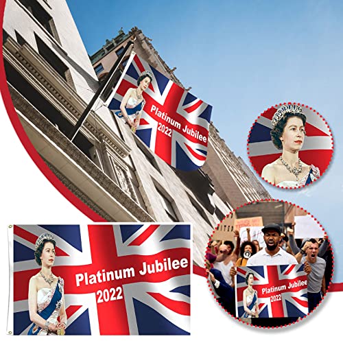 Bandera de platino de 150 cm x 90 cm, póster de jubileo de Queen Platinum Jubile, decoración de fiesta, decoración de fiesta GB Union Jack de 70 años, 2022, bandera con Su Majestad la Reina 2022