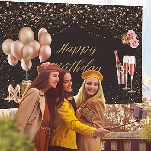 Banner de telón de fondo de feliz cumpleaños para mujeres y niñas, cartel de tela rosa dorado rosa para 16, 18, 30, 40, 50, 60, 70, fiesta de cumpleaños, fotomatón, fondo, banner