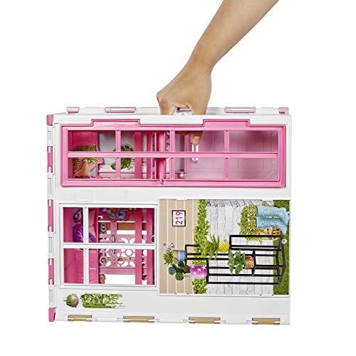 Barbie Casa 2 pisos Casa amueblada para muñecas de juguete, incluye muñeca rubia y accesorios (Mattel HCD48)