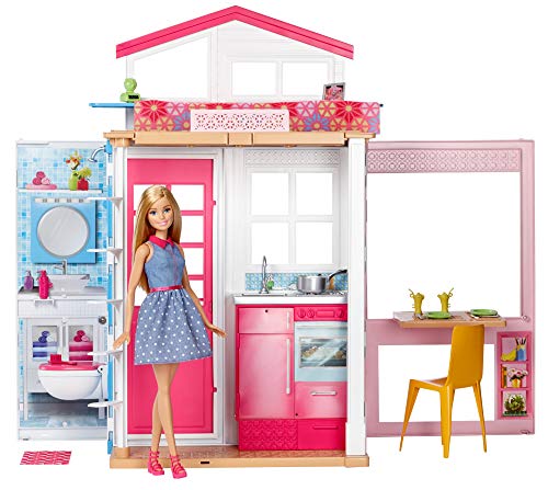 Barbie - Casa dos pisos plegable, casa con muñeca y accesorios (Mattel GXC00)