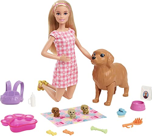 Barbie Muñeca con Mascotas - Mamá Perro con Función de Parto - 3 Cachorros y Accesorios - Muñeca Articulada: 29,21 cm - Regalo para Niños de 3-7 Años