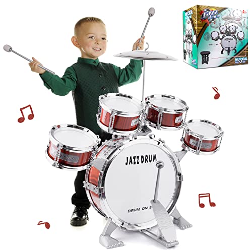 Bateria Musical Niños, Bateria Infantil Jazz Instrumento Percusión con 5 Tambores 1 Platillo 2 Baquetas y Taburete - Musical Educativos Regalo de Navidad para Niños y Niñas de 3 Años, Rojo
