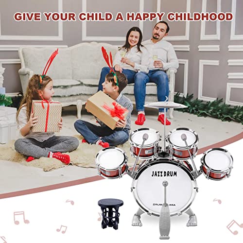 Bateria Musical Niños, Bateria Infantil Jazz Instrumento Percusión con 5 Tambores 1 Platillo 2 Baquetas y Taburete - Musical Educativos Regalo de Navidad para Niños y Niñas de 3 Años, Rojo
