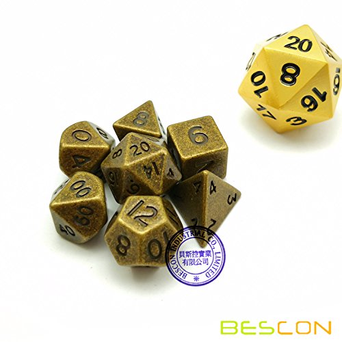 Bescon 10MM Mini Solid Metal Dice Set Ancient Brass, Mini Metallic Polyhedral D&D RPG Miniature Dice 7-Sets