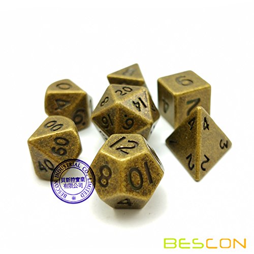Bescon 10MM Mini Solid Metal Dice Set Ancient Brass, Mini Metallic Polyhedral D&D RPG Miniature Dice 7-Sets