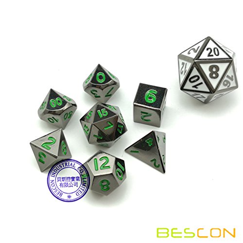 Bescon 10MM Mini Solid Metal Dice Set Rough Metallic Surface with Green Numbers, Mini Metal Polyhedral D&D RPG Miniature Dice 7-Set