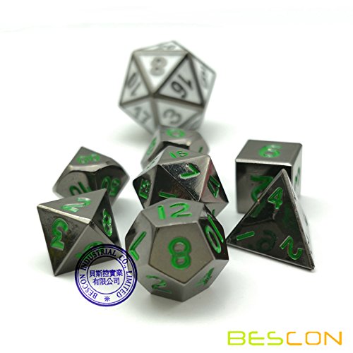 Bescon 10MM Mini Solid Metal Dice Set Rough Metallic Surface with Green Numbers, Mini Metal Polyhedral D&D RPG Miniature Dice 7-Set