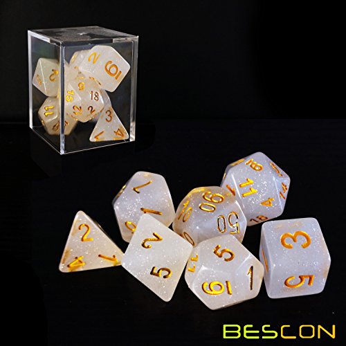 Bescon Juego de 7 dados DND con purpurina intensiva para velo, juego de troqueles de poliedro con purpurina d4 d6 d8 d10 d12 d20 d%, paquete de caja de ladrillo