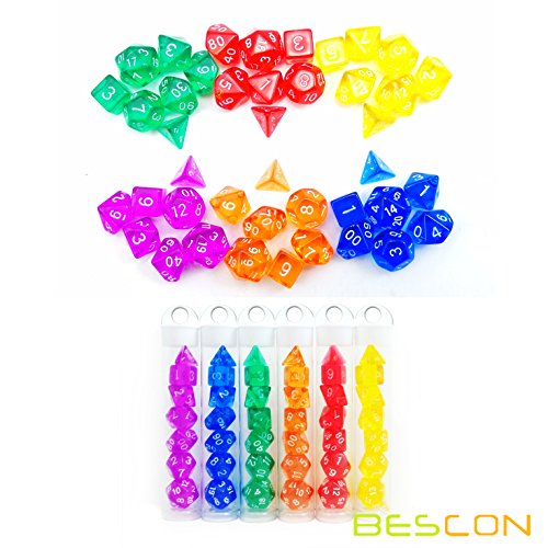 Bescon Mini Translucent Polyhedral RPG Dice Set 10MM, Small RPG Dice Set D4-D20 in Tube Packaging, Assorted Colored of 42pcs (7X6