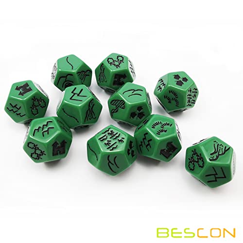 Bescon's Dungeon and Wilderness Terrain, Dungeon Feature and Treasure Type Dice Set, 4 Piece Proprietary Polyhedral RPG Dice Set, Red, Green, Yellow with Black Print