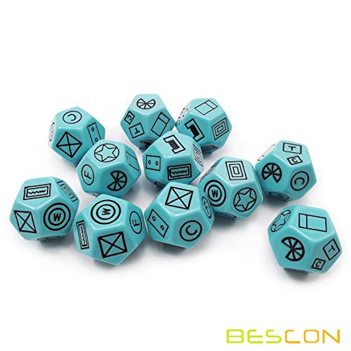 Bescon's Dungeon and Wilderness Terrain, Dungeon Feature and Treasure Type Dice Set, 4 Piece Proprietary Polyhedral RPG Dice Set, Red, Green, Yellow with Black Print