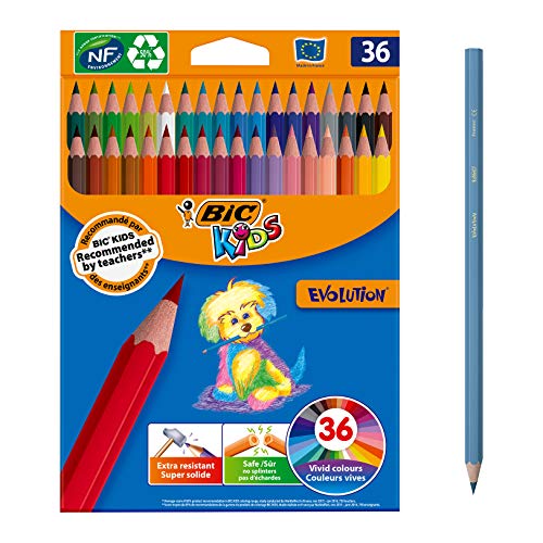 BIC Kids Evolution - Lápices para colorear, blíster de 36 unidades, para actividades creativas en casa y el colegio, colores surtidos