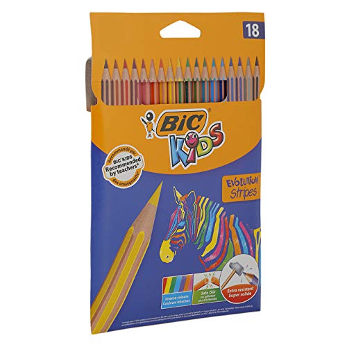 BIC Kids Evolution Stripes Lápices de colores - colores Surtidos, Blíster de 18 unidades, 950524