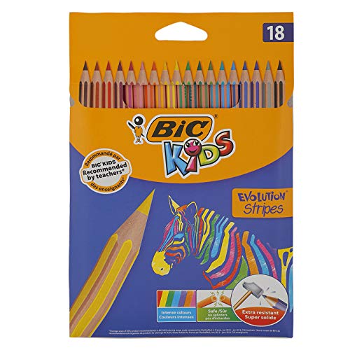 BIC Kids Evolution Stripes Lápices de colores - colores Surtidos, Blíster de 18 unidades, 950524