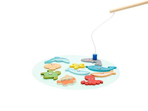 Bieco Juego magnético de pescado, 13 piezas, juego de pesca de madera a partir de 2 años, juguete de madera de 24 cm de diámetro, ángel magnético, juguete para niños a partir de 2 años