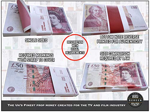 Big Screen Stacks Realista falso dinero ficticio fotografía libras (50 facturas malas con carta de facturas gratis) perfectas para películas, redes sociales y juegos de casino