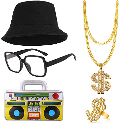 BIQIQI Kit de Disfraces de Hip Hop 90's 80's Rapero Accesorios Sombrero del Cubo Collar de Cadena de Oro con Signo de Dólar Gafas Boom Box Inflable Party Favors Decoración de Fiesta