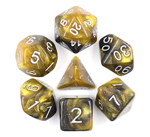 Black Gold - Polyset Dice | Polydice | Gold Black Glitters and White | Dice Set of 7 Pieces | D&D and RPGs | Plastic Dice Set | Polyhedral Dice Set | DnD / D&D / Dungeons and Dragons
