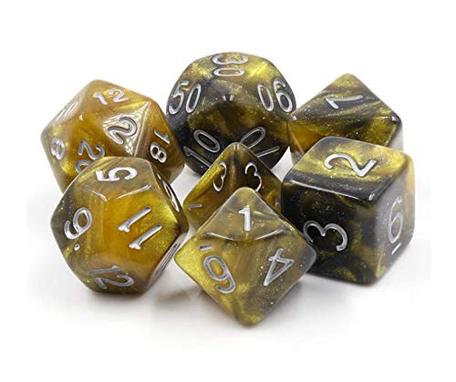 Black Gold - Polyset Dice | Polydice | Gold Black Glitters and White | Dice Set of 7 Pieces | D&D and RPGs | Plastic Dice Set | Polyhedral Dice Set | DnD / D&D / Dungeons and Dragons