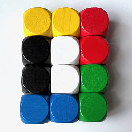 Blanko - Dados de madera para juegos de mesa, tamaño 16 mm, fabricado en Alemania (12 dados, 6 colores básicos: blanco, negro, amarillo, rojo, azul, verde)