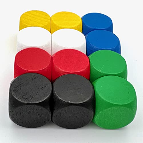 Blanko - Dados de madera para juegos de mesa, tamaño 16 mm, fabricado en Alemania (12 dados, 6 colores básicos: blanco, negro, amarillo, rojo, azul, verde)